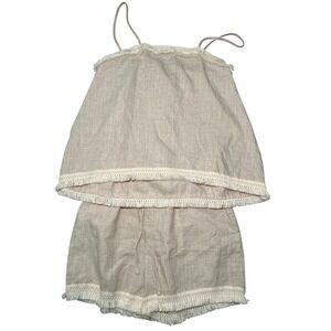 CHICME Linen Tank Top & Shorts Set Tan Crochet Fringe‎ Boho Loungewear Medium